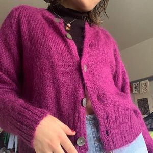 magenta mohair blend button up cardigan
